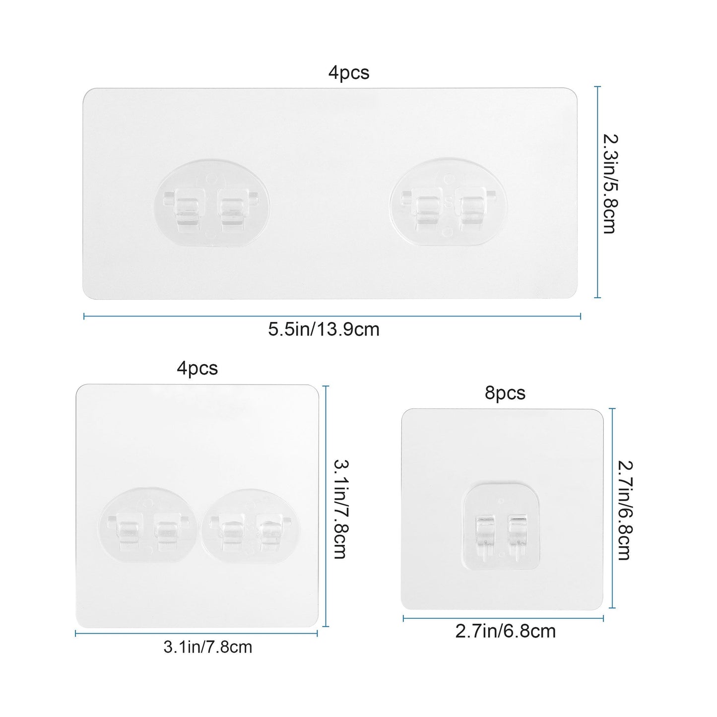 16pcs Shower Caddy Adhesive Hooks, Waterproof Adhesive Hooks Mount Replacement, No Drilling Sticky Hanging Hook(8pcs 7x7cm+4pcs 8x8cm+4pcs 14x6cm)