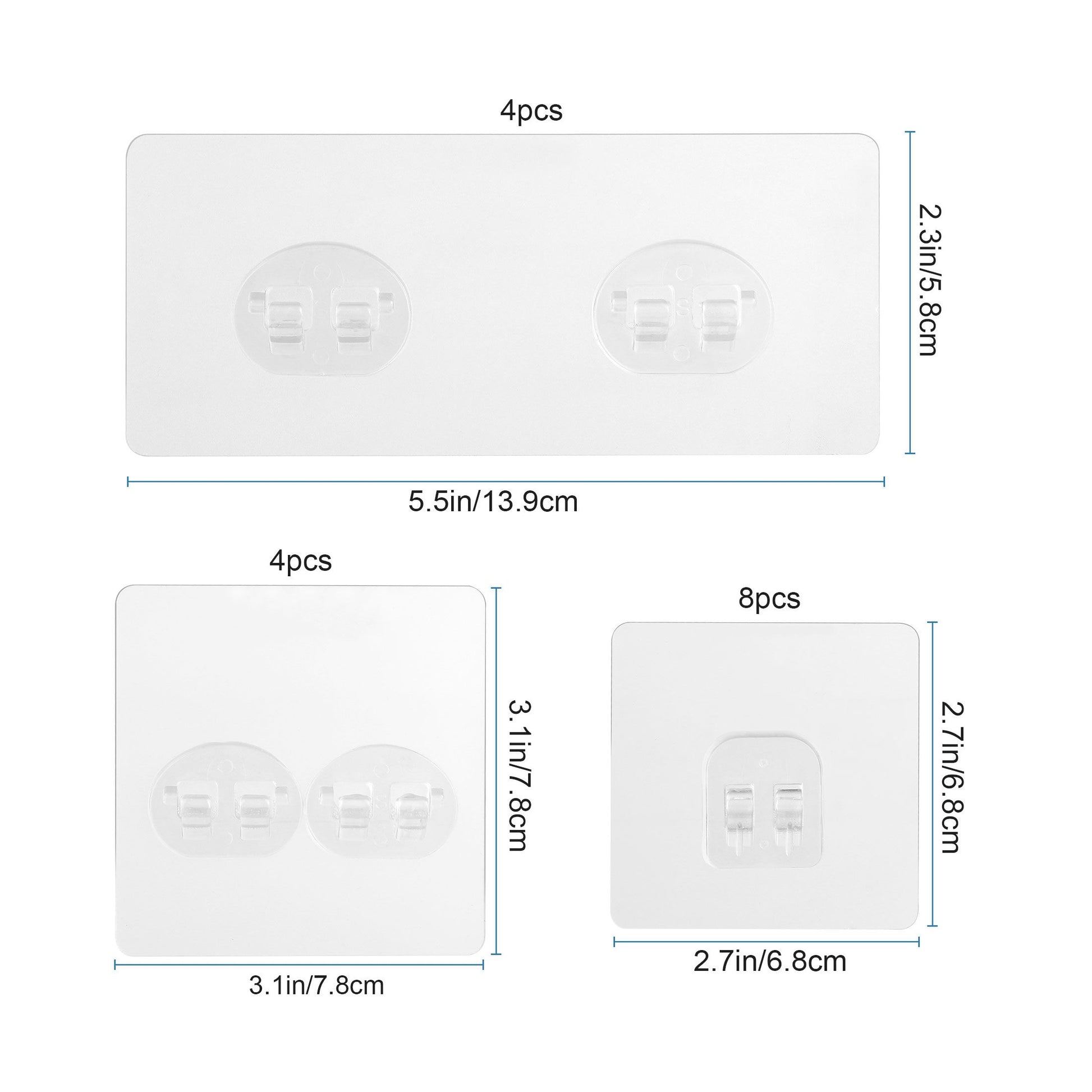 16pcs Shower Caddy Adhesive Hooks, Waterproof Adhesive Hooks Mount Replacement, No Drilling Sticky Hanging Hook(8pcs 7x7cm+4pcs 8x8cm+4pcs 14x6cm)