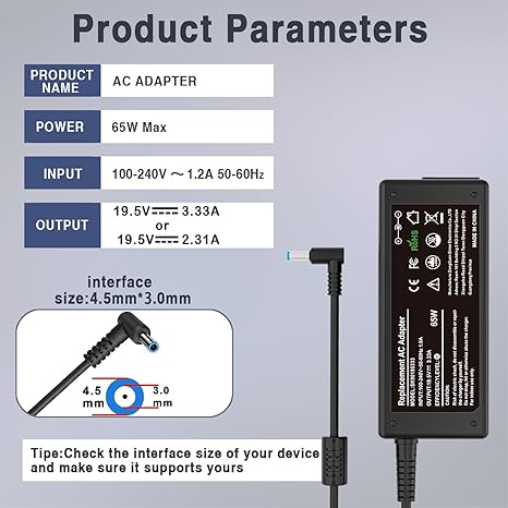 65W HP Laptop Adapter Charger,19.5V 3.33A Power DC 4.5x3.0mm Supply for HP Pavilion x360 11 13 15, HP ProBook 450 430 440 446 455 470 G8 G7 G6 G5 G4, HP EliteBook 840 G5