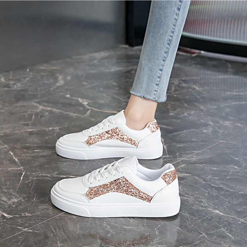 Size 38-41 Women's PU artificial leather white shoes ladies fashion sports athletic students running sneakers girls flat casual lace-up board shoes white +golden