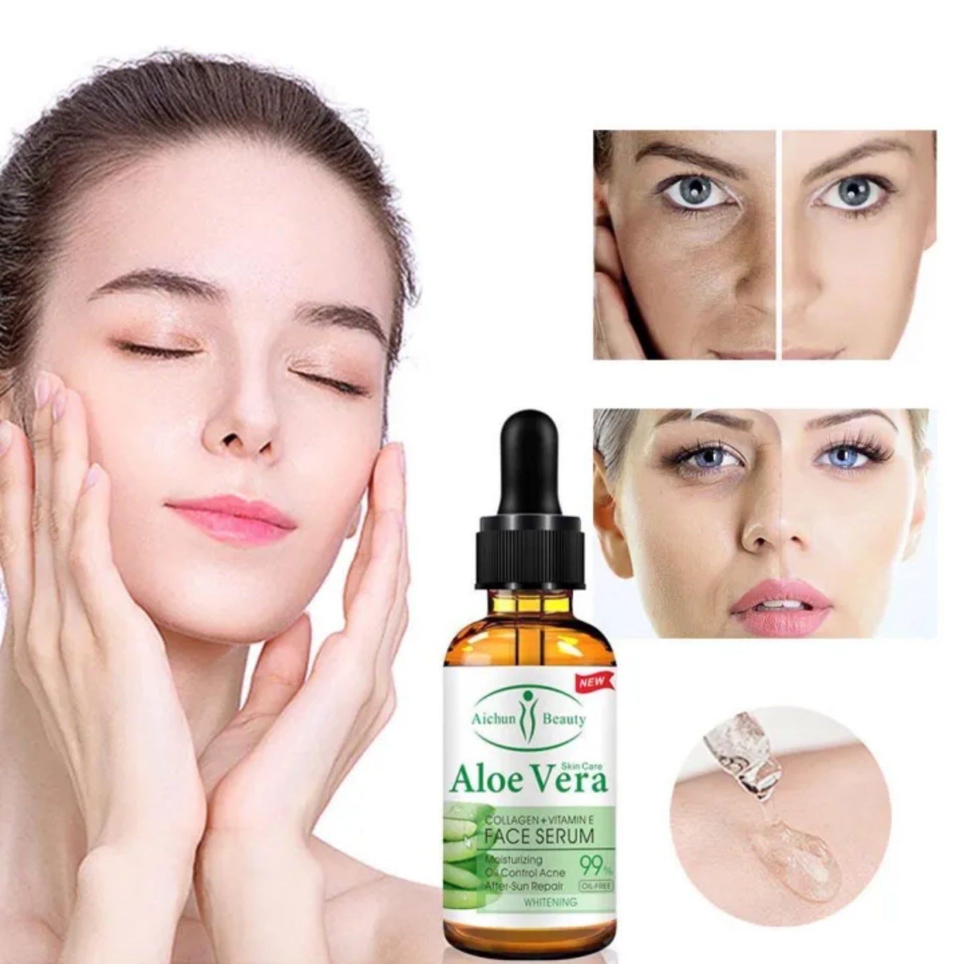 Aloe Vera 99% Face Serum With Collagen + Vitamin E - Moisturizing Oil Control Acne After Sun Repair Whitening - Aichun Beauty