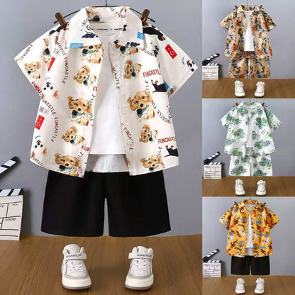 2-Piece Set (Shirt+Shorts) New Boys' Casual Clothing Set Cute Printed Short Sleeve Shirt & Summer Shorts Outfit For Kids