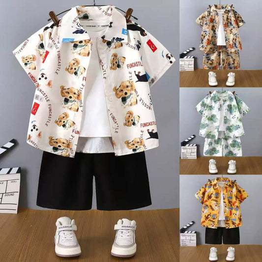 2-Piece Set (Shirt+Shorts) New Boys' Casual Clothing Set Cute Printed Short Sleeve Shirt & Summer Shorts Outfit For Kids