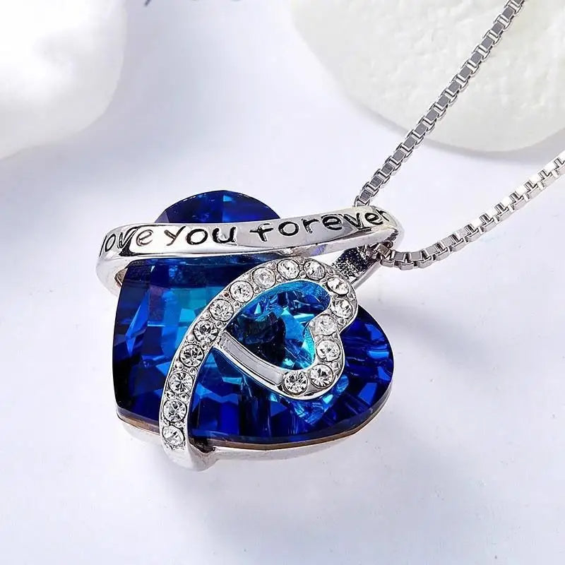 New Arrivals I Love You Forever Necklace, Everlasting Heart Birthstone Necklace, Heart Pendant Necklace For Women Exquisite Jewelry Blue Crystal Forever Love Charm Necklace Valentine's Day Gift