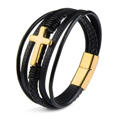 Cross leather bracelet for men multi-layer hand woven rope magnetic buckle genuine leather bracelet