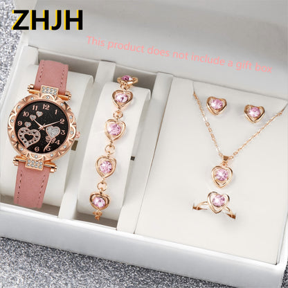 6PCS Ladies Watch Jewelry Set Watch Ring Necklace Earrings Bracelet Set Pink Crystal Waterproof Watch Set Wristwatch Ladies' Love Dial Quartz Watch Can Be Used As Romantic Gift Or Prop Shooting