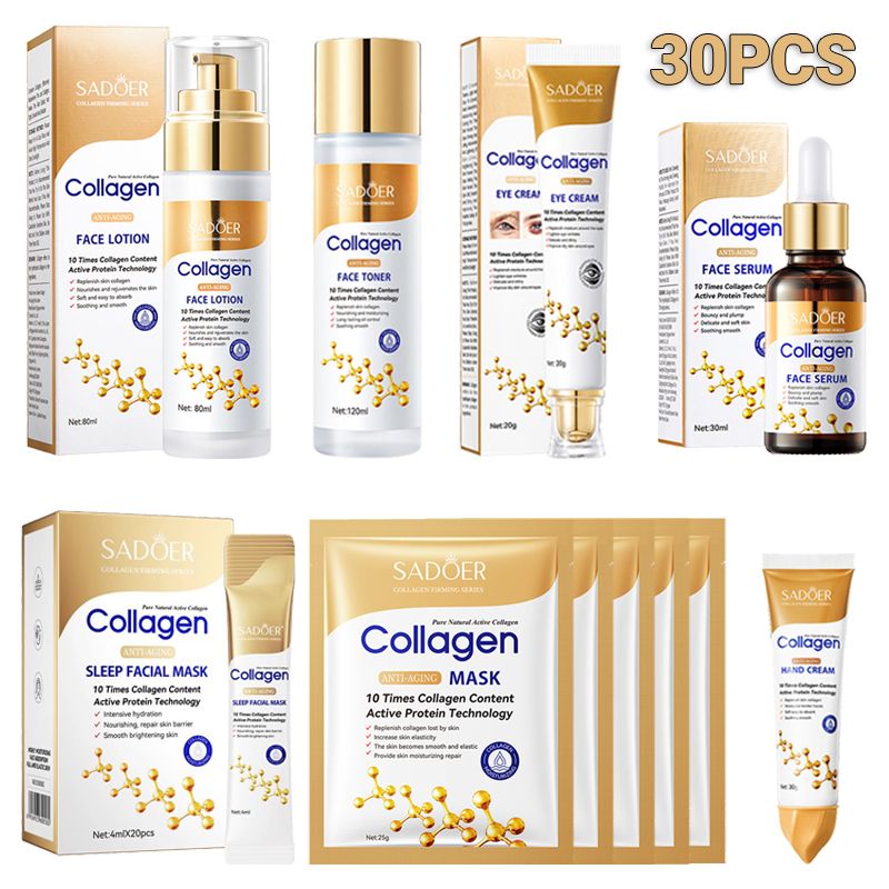 SADOER 30PCS Collagen Skin Care Set Whitening Anti-wrinkle Anti-aging Gifts Set Face Lotion + Face Toner + Face Serum + Eye Cream + 20PCS Sleeping Masks + 5PCS Anti-aging Masks + SADOER Hand Cream