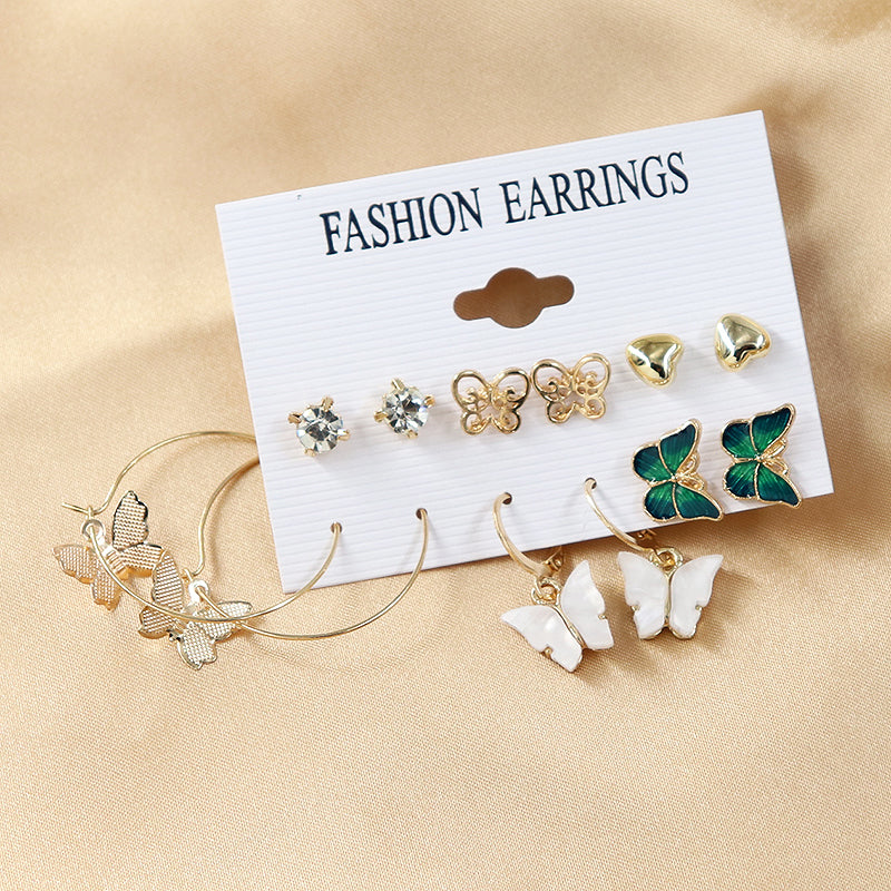 6 Pieces / set Jewelry Love Diamond Stud Earrings Butterfly Stud Earrings Gold Amazon Hot Selling as picture