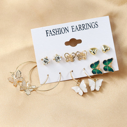 6 Pieces / set Jewelry Love Diamond Stud Earrings Butterfly Stud Earrings Gold Amazon Hot Selling as picture