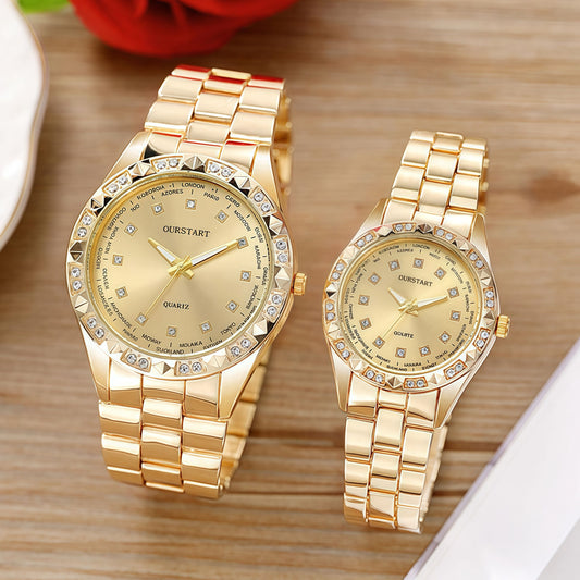 2PCS Lover Watches Business Stainless Steel Back Gold Watch Classic Diamond Rhinestone Couple Gift Watch Hip Hop Metal Color Bling Diamond and Steel Strip Women Men Couple Quartz Watch