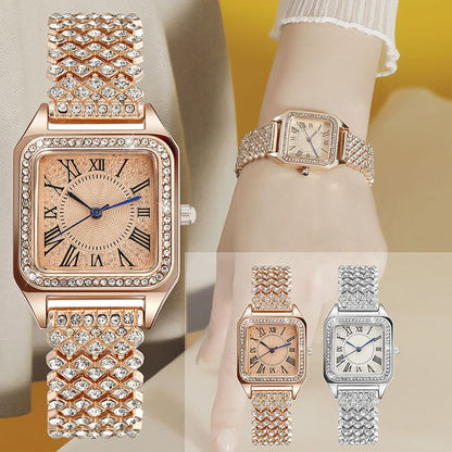 Fashion Full Iced Out Watches for Women Square Exquisite Alloy Steel Roman Luxury Rhinestones Quartz Watch Hip Hop Party Gift