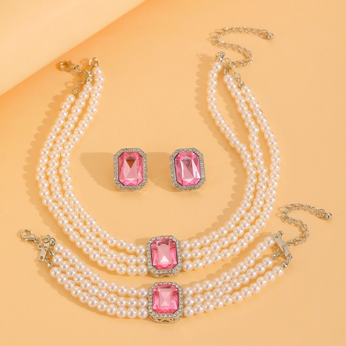 European American New Fashion Hot Sale Choker Necklace Personality Pearl Beaded Charms Court Style（Necklace+Bracelet+Earring ）Jewelry Set for Woman