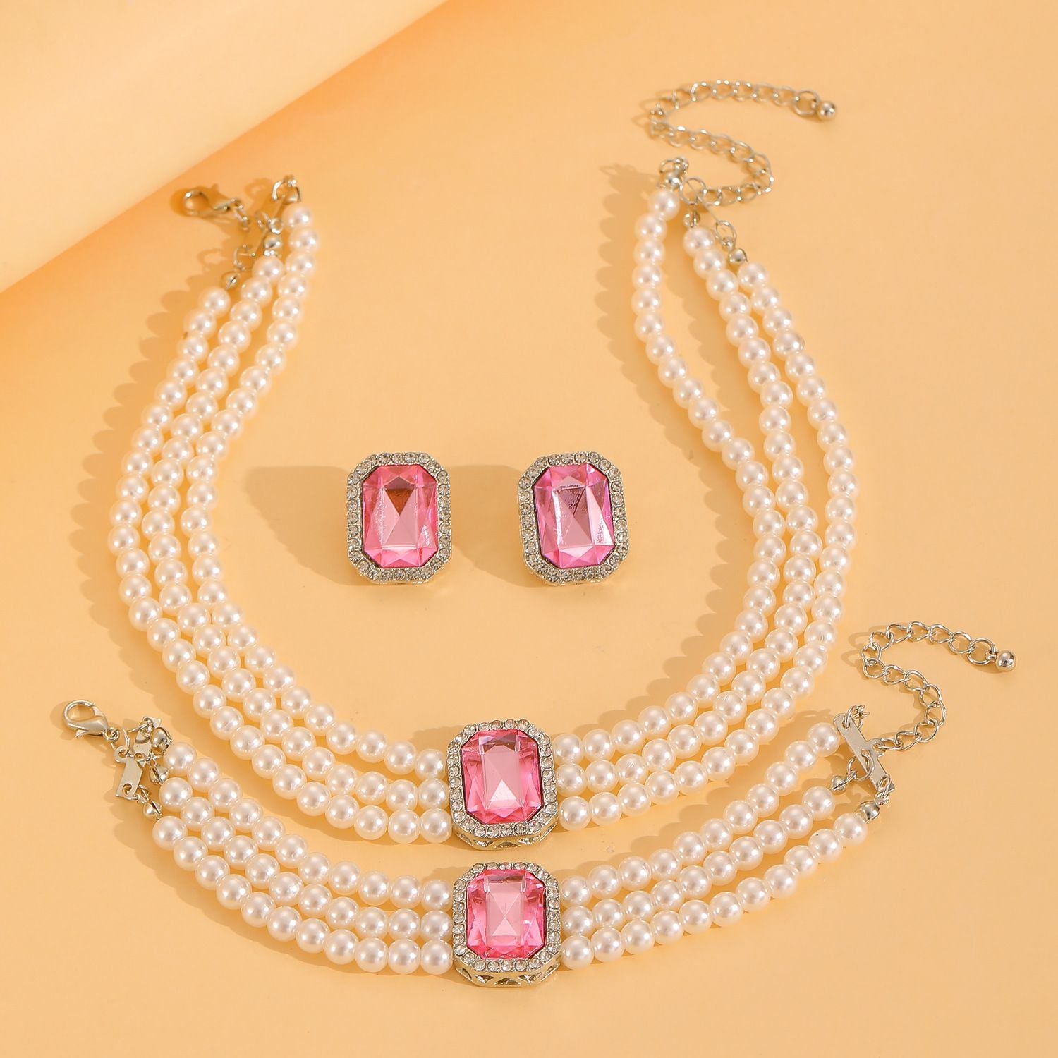 European American New Fashion Hot Sale Choker Necklace Personality Pearl Beaded Charms Court Style（Necklace+Bracelet+Earring ）Jewelry Set for Woman