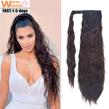 Premium 24inch Wavy Curly Ponytail Hair Extension Long Wigs Hair for Women Wig Curly Hair Black Women Synthetic Hair Girls' First Hair Soft