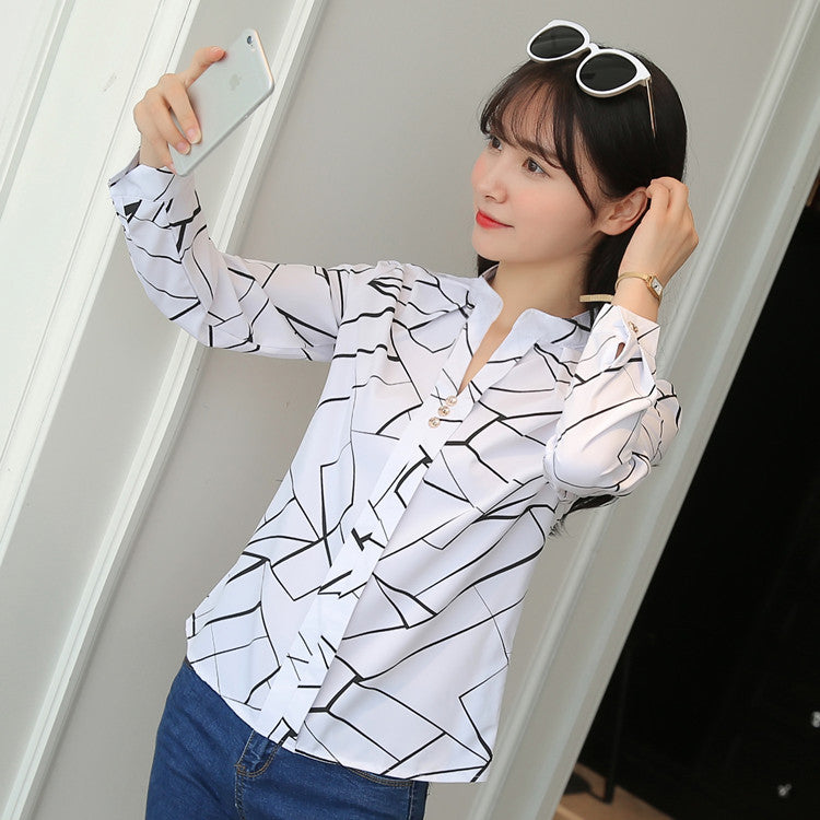 Blouses Smooth Cut Plus-Size Women's White Chiffon Shirt Fashion Commuter Striped Print Casual Long-Sleeved Top