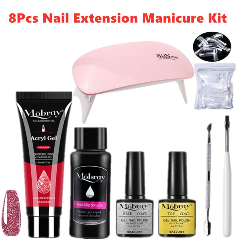 8Pcs Nail Extension Professional Full Poly UV Gel Manicure Kit 6W Nail Lamp Nail Plate