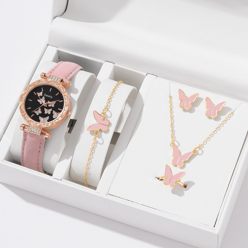 5-Piece Women's Watch Bracelet Necklace Ring Earrings Set Fashion Personality Simple Watch Butterfly Quartz Leather Watch