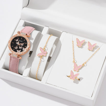 5-Piece Women's Watch Bracelet Necklace Ring Earrings Set Fashion Personality Simple Watch Butterfly Quartz Leather Watch