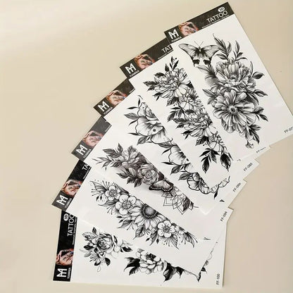 6 Pcs Waterproof Black Flower Pattern Body Tattoo Stickers - Durable, Long-Lasting for 3-5 Days, Suitable for Men and Women on Arm, Chest, Tummy, Back