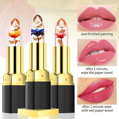 Rose Temperature Color Changing Lipstick Long Lasting Flower Jelly Lipstick Waterproof Lip Balm Non-stick Cup Non-fading Lip Gloss with Moisturizing and Glowing Effects