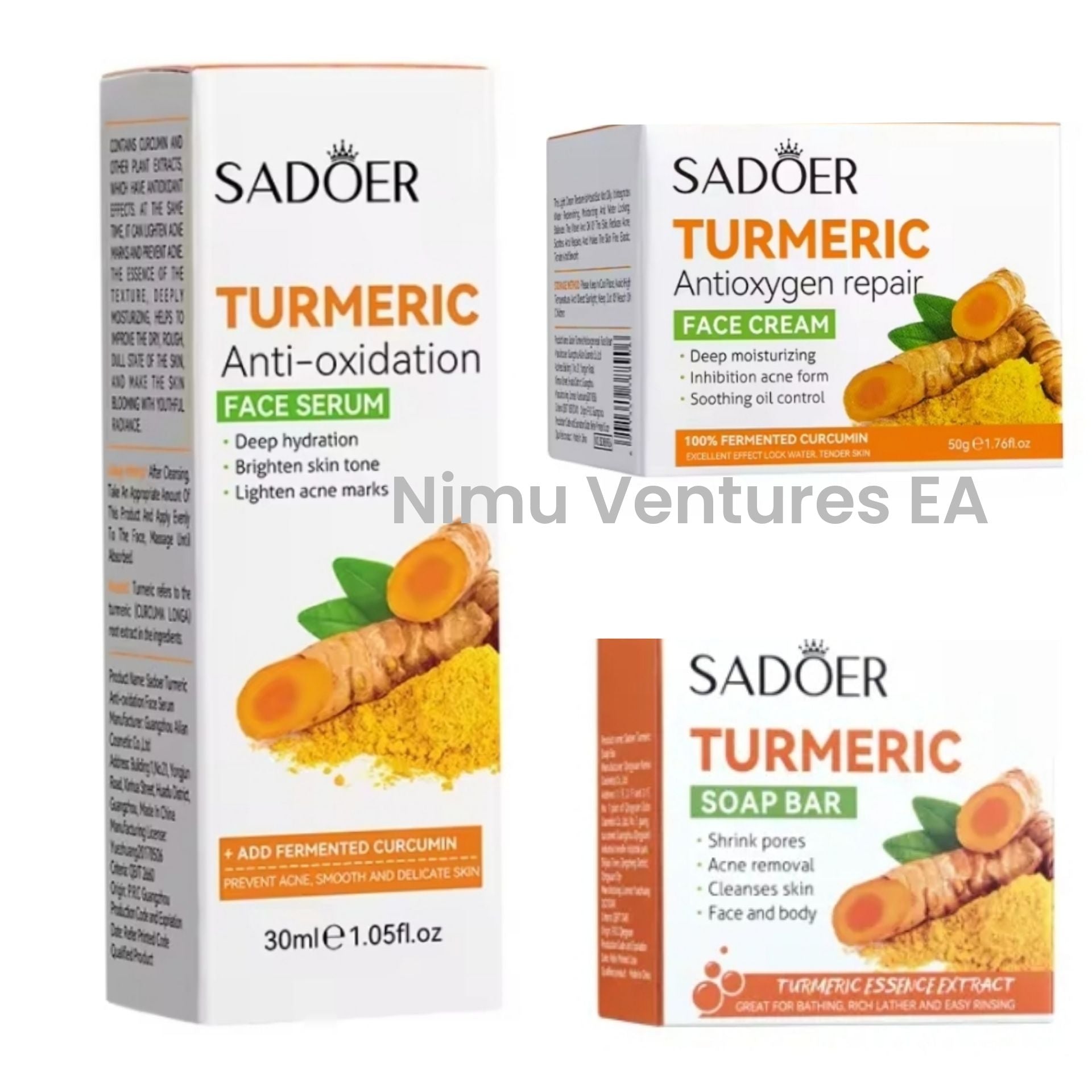3 IN 1 SADOER TURMERIC 3 PCS Pack - Turmeric Soap Bar + Face Serum + Cream Skin Care for Shower, Smoothing and Cleanses Skin Face Wash Soap Facial Serum, Face Wash Oily Skin Bar Soap for Face and Body