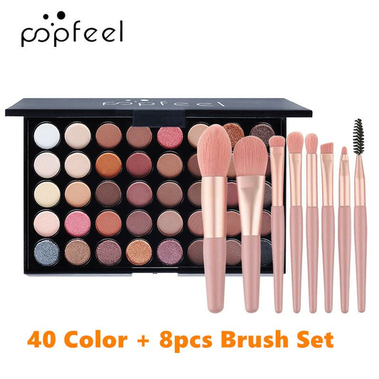 40Colors Eyeshadow Palette with 8 Pcs Eyeshadow Brush Set Waterproof Long Lasting Pressed Powder Cosmetics Women MakeUp popfeel