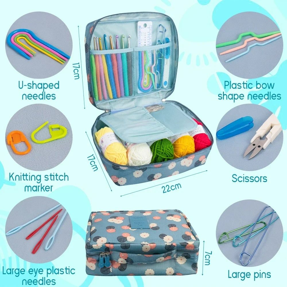 58pcs Portable Crochet Kits with Bag Knitting Tool DIY Sewing Ruler Needles Yarn Complete Set of Crochet Material Kit