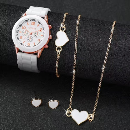 5PCS Women Watches Fashion Silicone Band Women Quartz Watches Jewelry Set Reloj Mujer Girls Clock Gift
