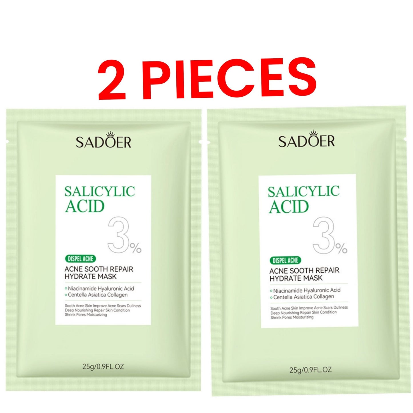 2 PIECES Sadoer Salicylic Acid Sheet Mask Pack Anti Acne Soothing Repair Hydrating Facial Mask Wholesale Price SADOER Acne Removing Control Soothing Repairing Moisturizing Face Mask