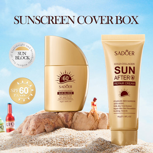 SADOER 2 In 1 Skin Care Set Gold Collagen Sunscreen + Sun After Repair Cream Skin Whitening Sunscreen Lotion SPF 60 Natural Waterproof Face Body Sunscreen