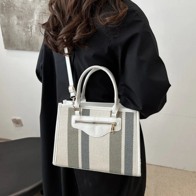 Mateamoda Elegant Striped Tote Bag with Rich Leather Accents Crossbody Bag Underarm Handbag