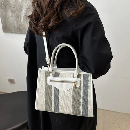 Mateamoda Elegant Striped Tote Bag with Rich Leather Accents Crossbody Bag Underarm Handbag