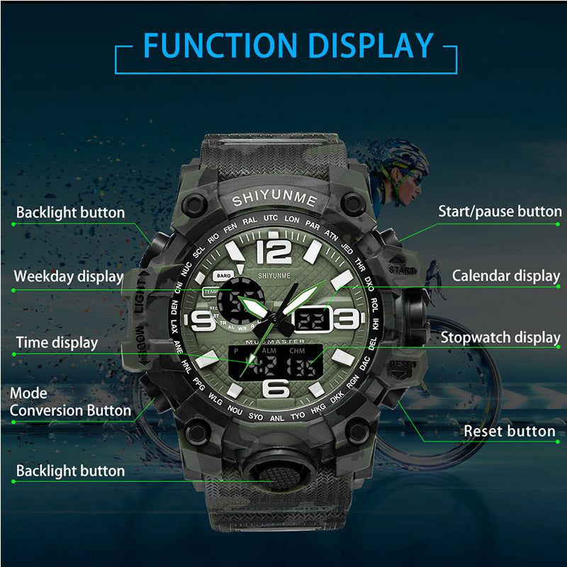 Men Watches Military Dual Display Army Watches LED Back Light Calendar Day Date Stopwatch