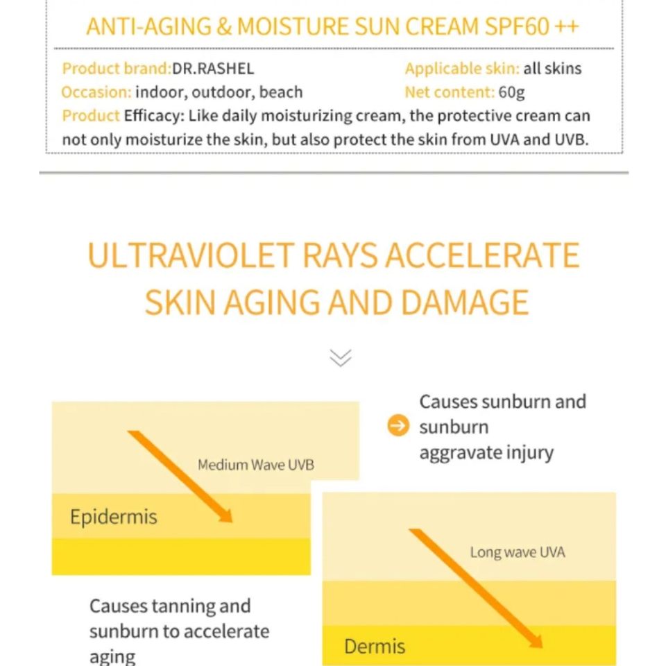 Sun Cream + Sunscreen Lotion - Dr. Rashel Anti-aging Moisture Sun Cream SPF 60 ++ and Vitamin C & Hyaluronic Moisturizing Sunscreen Lotion SPF 50 Sunblock UV Protection Sunblock No White Cast