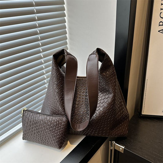 Retro-Chic PU Woven Tote Bag - Spacious Casual Shoulder Bag with Minimalist Design Trendy Pattern for Stylish Commuting Underarm Carry