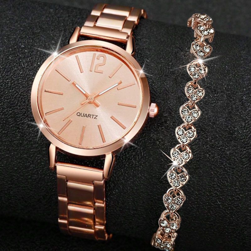 2pcs Luxury Women Rhinestone Rose Gold Watch Fashion Ladies Quartz Diamond Wristwatch Elegant Female Bracelet Watches Set Gift