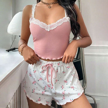 New Arrival Home Casual Lace Suspender Shorts Set Summer Lace Suspender Comfortable Skincare Fabric Vest Pajamas Women's Slim Fit Two-Piece Home Outfit