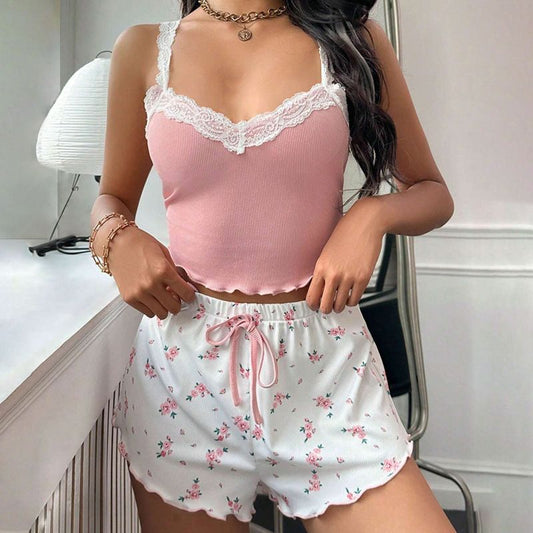 New Arrival Home Casual Lace Suspender Shorts Set Summer Lace Suspender Comfortable Skincare Fabric Vest Pajamas Women's Slim Fit Two-Piece Home Outfit