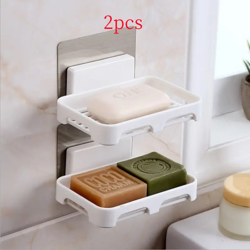 New Arrivals 2PCS Wall Mounted Soap Dishes Rectangular Plastic Soap Holder Bathroom Shower Soap Tray with Drain Kitchen Sponge Organizer