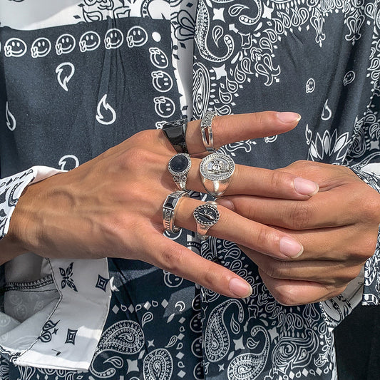 6 pcs rings set jewelry for men simple fashion hip hop rapper rings set man black vintage rings set jewelry accessories for men, gift for him/men, skull ring, letter ring,punk fashion rings set