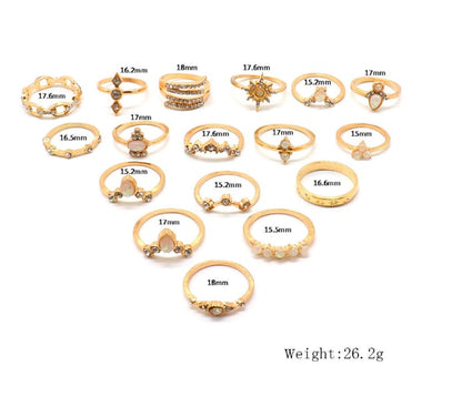 Fashion Lady Alloy ladies diamond crown sun hexagram ladies rings Jewellery 17 Pieces / set MMSHOP Amazon Hot Sale Gold as picture one size