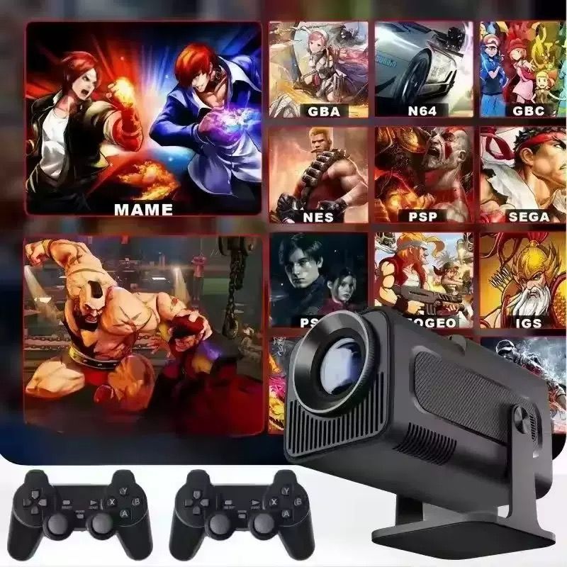 HY320 mini projector, equipped with two game controllers and 20,000 games, supports 4K and 720P, Android system, can be connected to laptops, and allows screen mirroring from smartphones