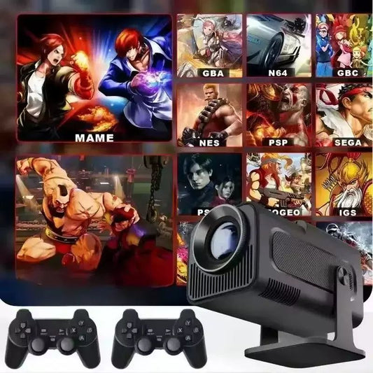 HY320 mini projector, equipped with two game controllers and 20,000 games, supports 4K and 720P, Android system, can be connected to laptops, and allows screen mirroring from smartphones