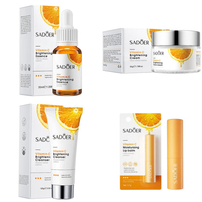 4 in 1 SADOER Skin Care Set Vitamin C Serum Brightening Whitening Moisturizing Gifts Set Face Vitamin C Essence + Face Cleanser + Brightening Vitamin C Face Cream + Lip Balm