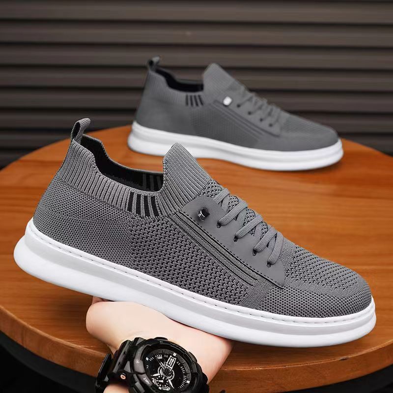 Men's mesh breathable fly woven shoes with soft soles fashionable and trendy casual shoes gray