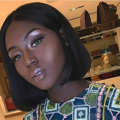 Women Black Middle Parted Short Straight Bobo Hair Wigs Synthetic High Temperature Silk Wigs