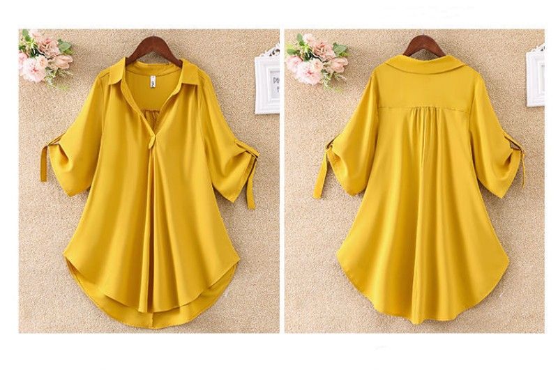 1 PC Medium To Long Shirt Short Sleeve Top Lady Shirt Short Sleeved Chiffon Shirt For Women In Plus Size Loose Fit Waist Cinching Slimming Chiffon Top Lady Wear Trendy
