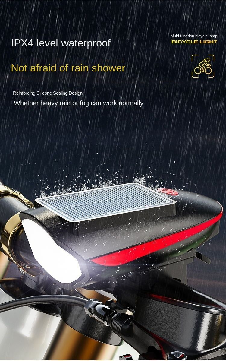 Solar Bicycle Light Multi-Functional Solar-Powered and USB Rechargeable Battery Mountain Bike Night Cycling High Brightness Light Bike Front Light and 120dB Horn Bicycle Charging Light