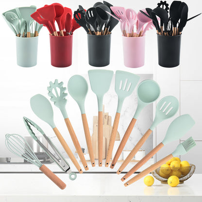 800g 12Pcs Set Wooden Handle Silicone Kitchen Utensils High Quality Silicone Kitchen Utensils Non-stick Pan Cooking Spatula Baking Storage Tool