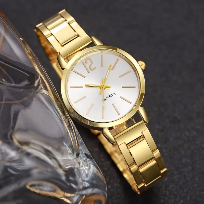 2PCS Elegant Golden Watches Bracelet Set Luxury Fashion Ladies Watch Quartz Wristwatches Heart Charm Bracelet Set Gifts